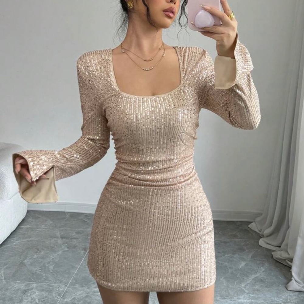 Long sleeve champagne sequin dress